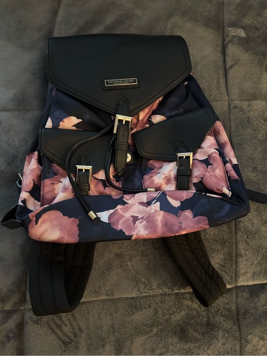 Victoria's Secret Handbags - Victoria's Secret Black Floral Backpack with Pink Flowers